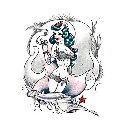 brunette  pinup mermaid tattoo design idea