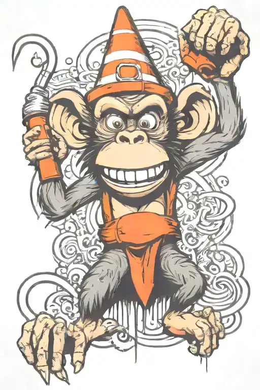 crazy angry monkey with traffic cone on head  tattoo design idea