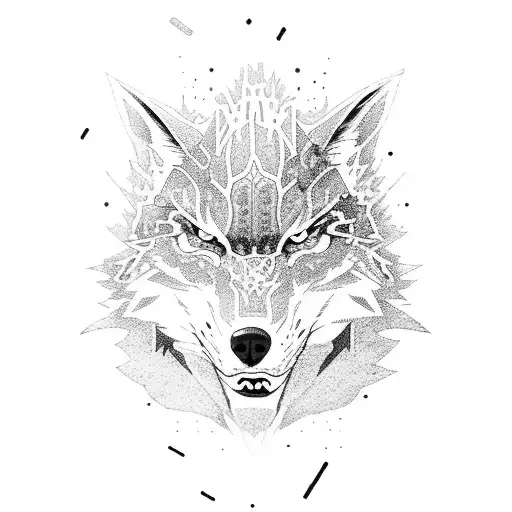An anime-inspired scene of a lone wolf traveling through a dense jungle, with intricate dotwork detailing tattoo design idea