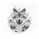 A blackwork tattoo featuring a fierce wolf howling at the moon, surrounded by anime-inspired elements and symbols of travel tattoo design idea