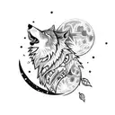 A blackwork tattoo featuring a fierce wolf howling at the moon, surrounded by anime-inspired elements and symbols of travel tattoo design idea