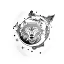 A blackwork tattoo featuring a fierce wolf howling at the moon, surrounded by anime-inspired elements and symbols of travel tattoo design idea