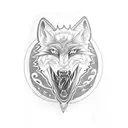 A blackwork tattoo featuring a fierce wolf howling at the moon, surrounded by anime-inspired elements and symbols of travel tattoo design idea