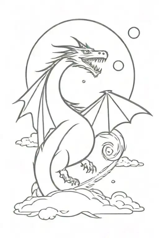 a dragon coming out of a lighting storm and the moon is peeking out tattoo design idea