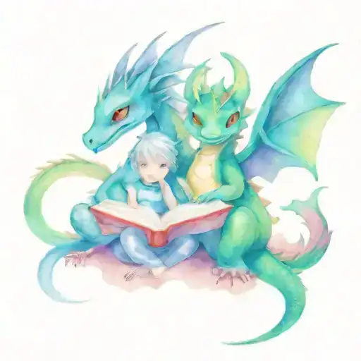 2 young dragons reading tattoo design idea