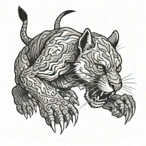 Male alpha puma pouncing on a predator with a backstory to attack a threat their family using full force. tattoo design idea