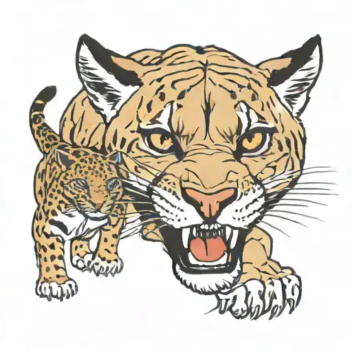 Puma stalking a predator to attack a threat to their cub and family and pack tattoo design idea