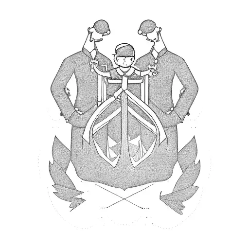 A silhouette of a husband and father holding hands with their child, with an anchor and a magpie perched on their shoulders tattoo design idea
