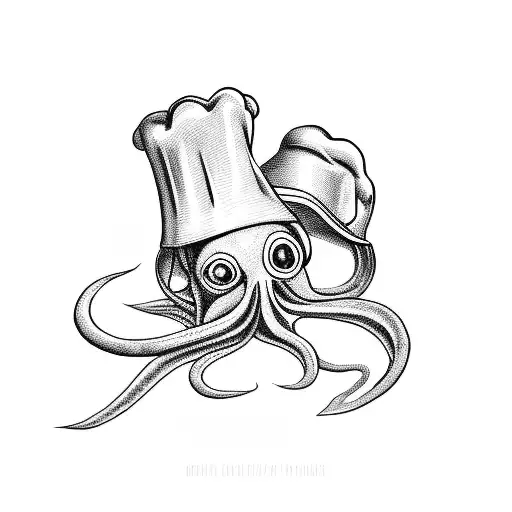 A squid wearing a chef's hat and holding a plate of tacinelli pasta tattoo design idea