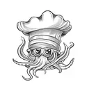 A squid wearing a chef's hat and holding a plate of tacinelli pasta tattoo design idea