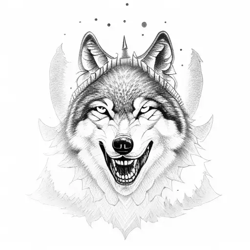 laughing boy wearing a wolf hat tattoo design idea