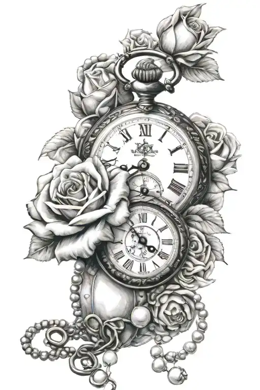pocket watches, roses and pearls tattoo design idea