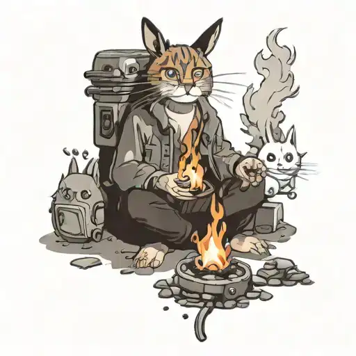 Calsifer as a camp fire surrounded by studio ghibli characters tattoo design idea