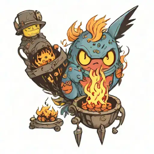 Calcifer as a campfire surrounded by studio ghibli characters tattoo design idea