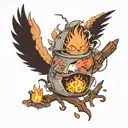 Calcifer as a campfire surrounded by studio ghibli characters tattoo design idea