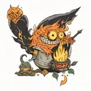 Calcifer as a campfire surrounded by studio ghibli characters tattoo design idea