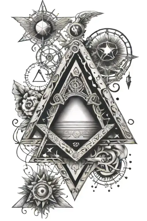a tattoo in black and white shaded style with a Freemasonry theme, which has the elements, square, compass, moon, sun co tattoo design idea