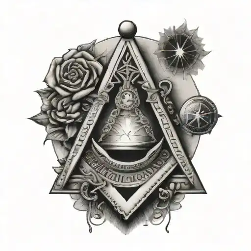 a tattoo in black and white shaded style with a Freemasonry theme, which has the elements, square, compass, moon, sun co tattoo design idea