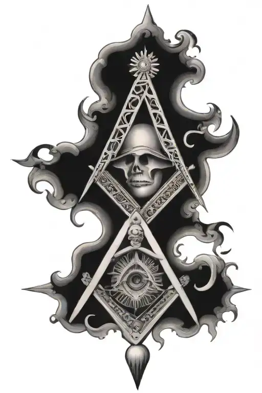 a tattoo in black and white shaded style with a Freemasonry theme, which has the elements, square, compass, moon, sun co tattoo design idea