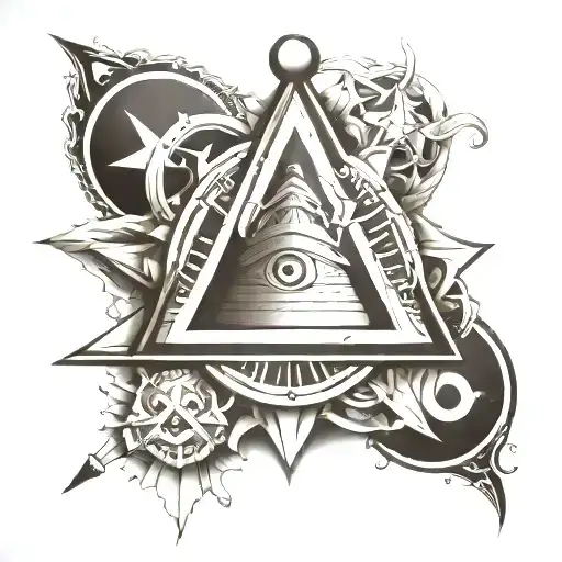 a tattoo in black and white shaded style with a Freemasonry theme, which has the elements, square, compass, moon, sun co tattoo design idea