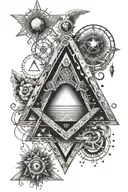 a tattoo in black and white shaded style with a Freemasonry theme, which has the elements, square, compass, moon, sun co tattoo design idea