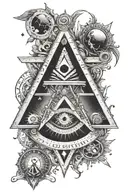 a tattoo in black and white shaded style with a Freemasonry theme, which has the elements, square, compass, moon, sun co tattoo design idea