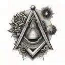 a tattoo in black and white shaded style with a Freemasonry theme, which has the elements, square, compass, moon, sun co tattoo design idea