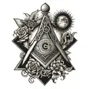 a tattoo in black and white shaded style with a Freemasonry theme, which has the elements, square, compass, moon, sun co tattoo design idea