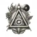 a tattoo in black and white shaded style with a Freemasonry theme, which has the elements, square, compass, moon, sun co tattoo design idea