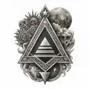 a tattoo in black and white shaded style with a Freemasonry theme, which has the elements, square, compass, moon, sun co tattoo design idea