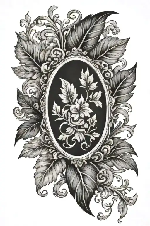 cameo frame leaves intertwined tattoo design idea