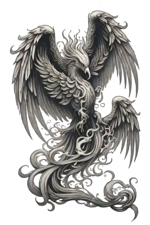 black and white fine line phoenix rising out of smoke. in the smoke is medusas head.  tattoo design idea