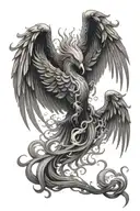 black and white fine line phoenix rising out of smoke. in the smoke is medusas head.  tattoo design idea