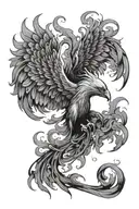 black and white fine line phoenix rising out of smoke. in the smoke is medusas head.  tattoo design idea