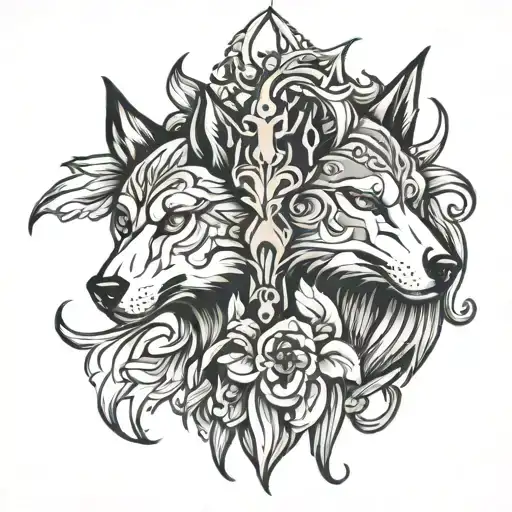 fluer-de-lis with spartan face and wolf face tattoo design idea