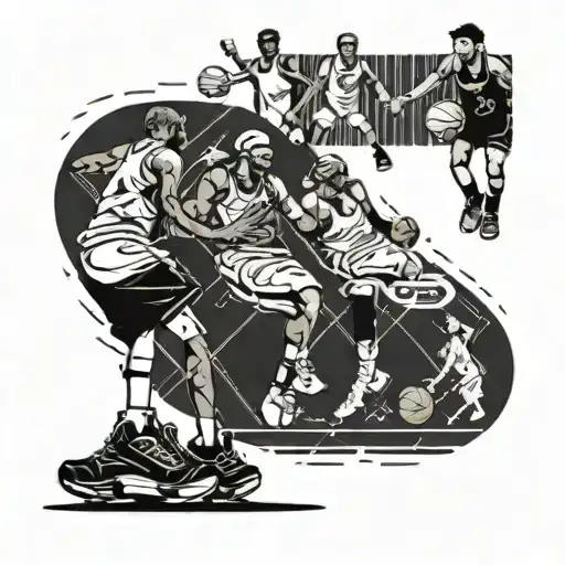 A group of friends playing basketball on a court, with each friend represented in a different sneaker design, in blackwork style tattoo design idea