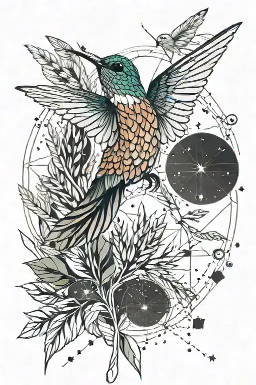 a hummingbird, flying on a stalk of wheat and in the background the constellation Leo tattoo design idea