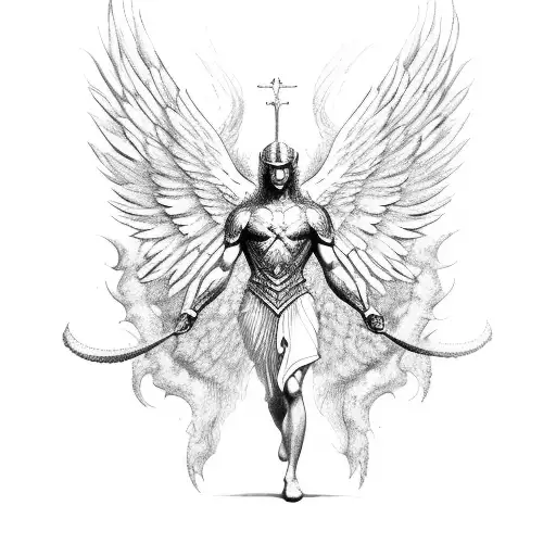 archangel Michael with wings spread out floating tattoo design idea