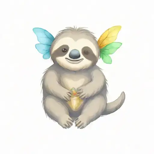 cute cartoon sloth sitting with a gift, butterfly and dragonflies tattoo design idea