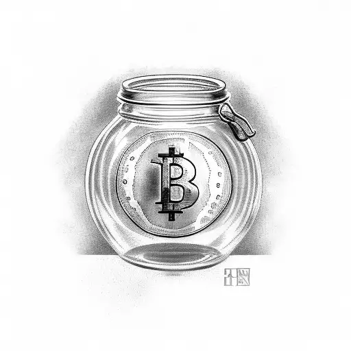 Glass jar with the inscription crypto in which the coins tattoo design idea