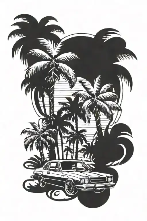Palm trees and JDM car tattoo design idea