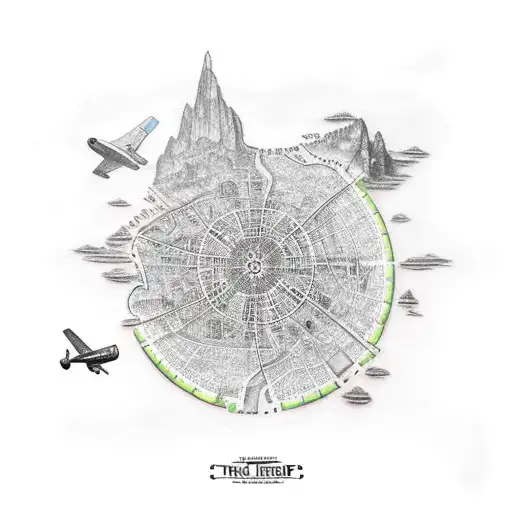 map with a  treasure and a plane  tattoo design idea