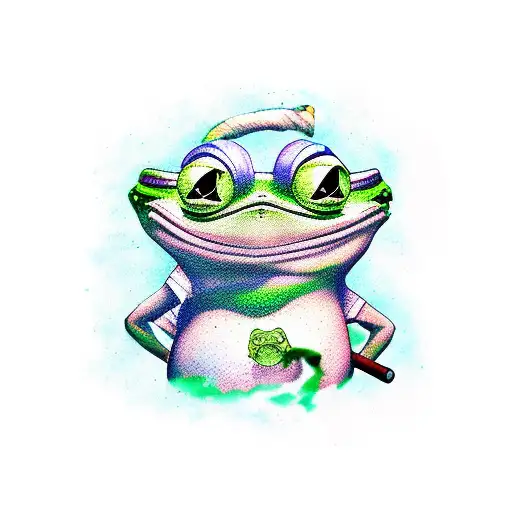Small new style tattoo of a anime style pepe the frog character swinging a sword background elements to be graffiti like tattoo design idea