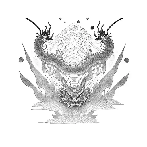 A dotwork tattoo of a katana-wielding dragon in a jogos-inspired landscape tattoo design idea
