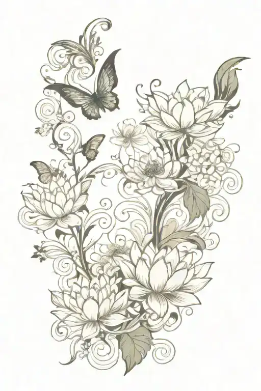 phoenix, butterflies, lotus, cloud background tattoo design idea