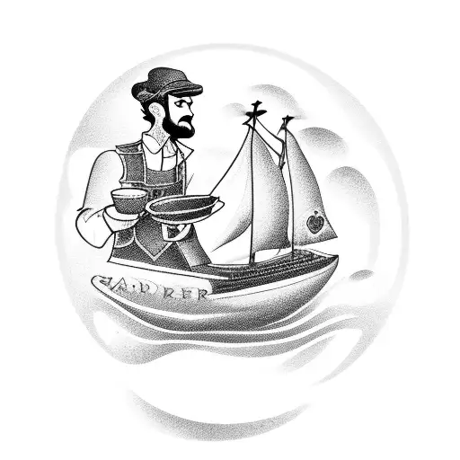 A bartender pouring a cup of coffee with a ship sailing on the surface tattoo design idea