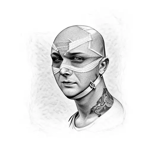 a bandaged face except for the eyes, scars from cuts on the eyes and on the bald head, a crookedly drawn smile on the ba tattoo design idea