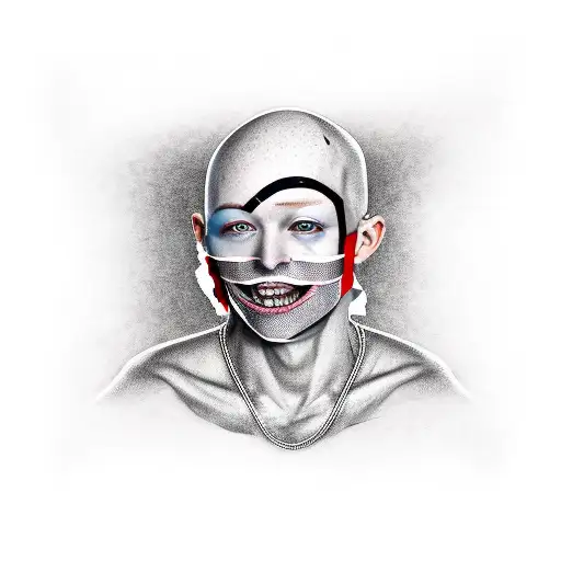 a bandaged face except for the eyes, scars from cuts on the eyes and on the bald head, a crookedly drawn smile on the ba tattoo design idea