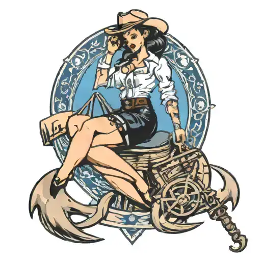 sexy western pinup girl riding a ships anchor tattoo design idea
