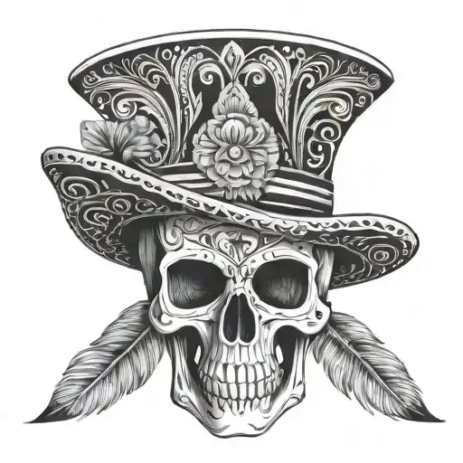 skull with mexican hat in black and white tattoo design idea